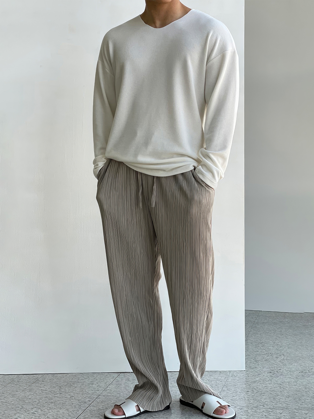 ワイドパンツ メンズ プリーツ加工ドロストワイドパンツ