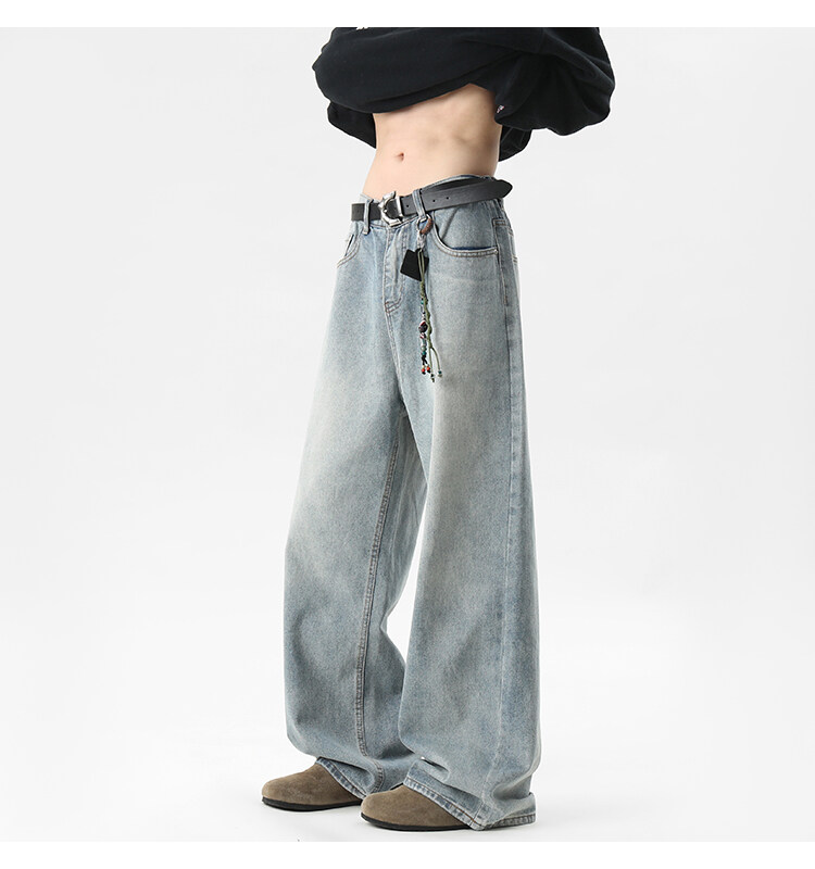 ワイドパンツ メンズ ウォッシュ加工レトロワイドジーンズ