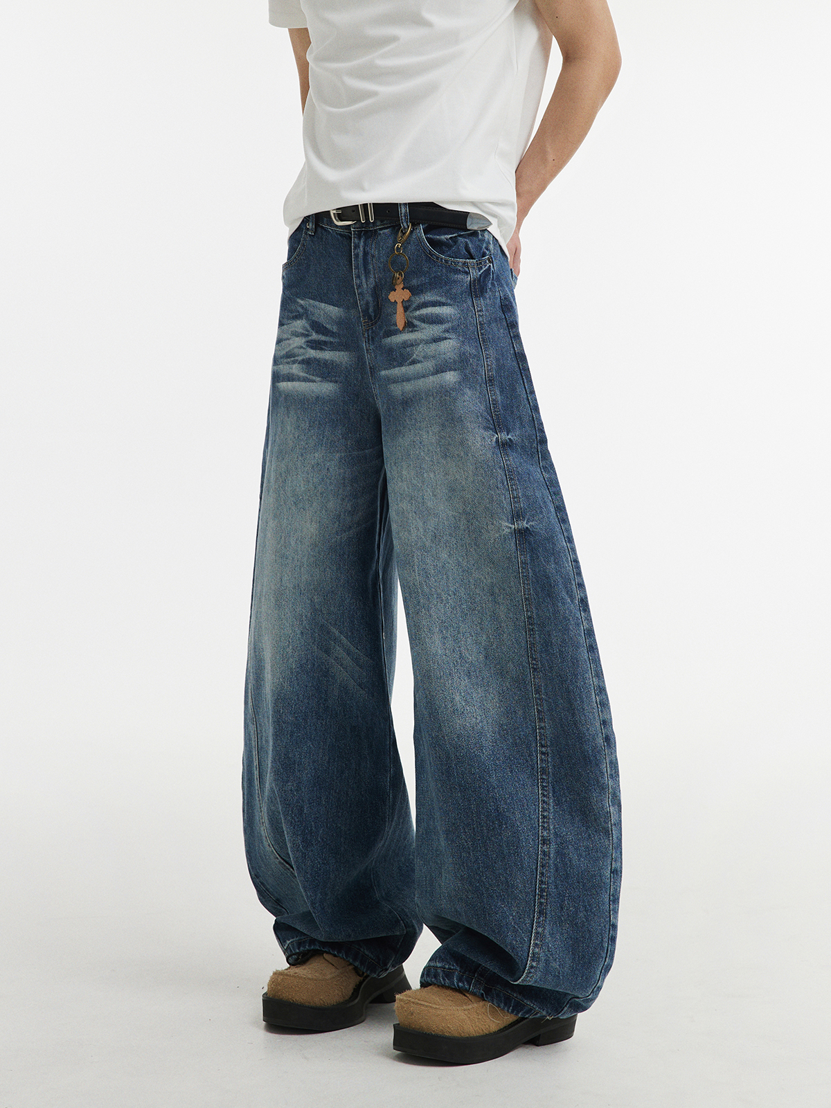ワイドパンツ メンズ ウォッシュ加工極太ワイドデニムパンツ