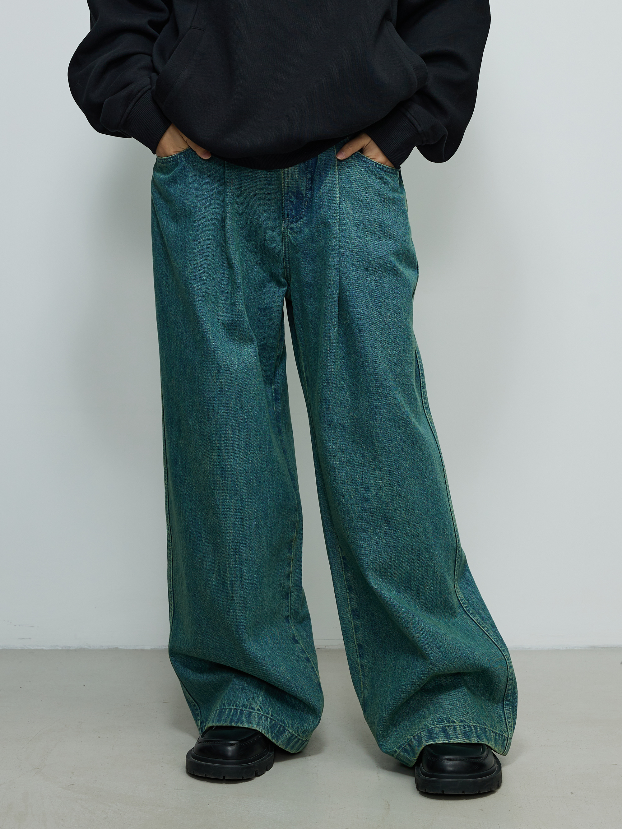 ワイドパンツ メンズ シンプルプリーツ ワイドストレートデニム