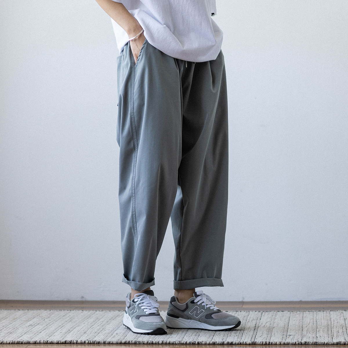 ワイドパンツ メンズ 薄手ストレート九分丈ワイドパンツ