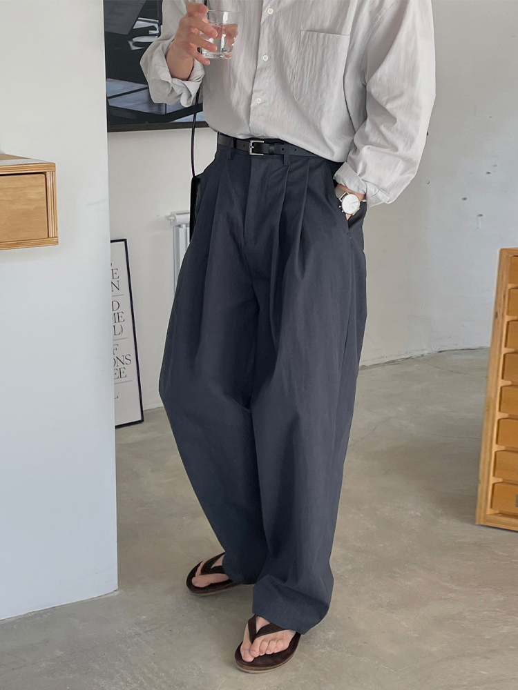 麻混ダブルタック ワイドパンツ メンズ