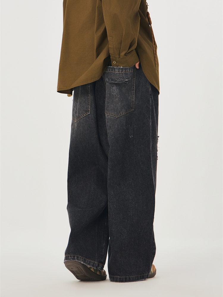 ワイドパンツ メンズ レトロ風ダメージ加工ワイドジーンズ