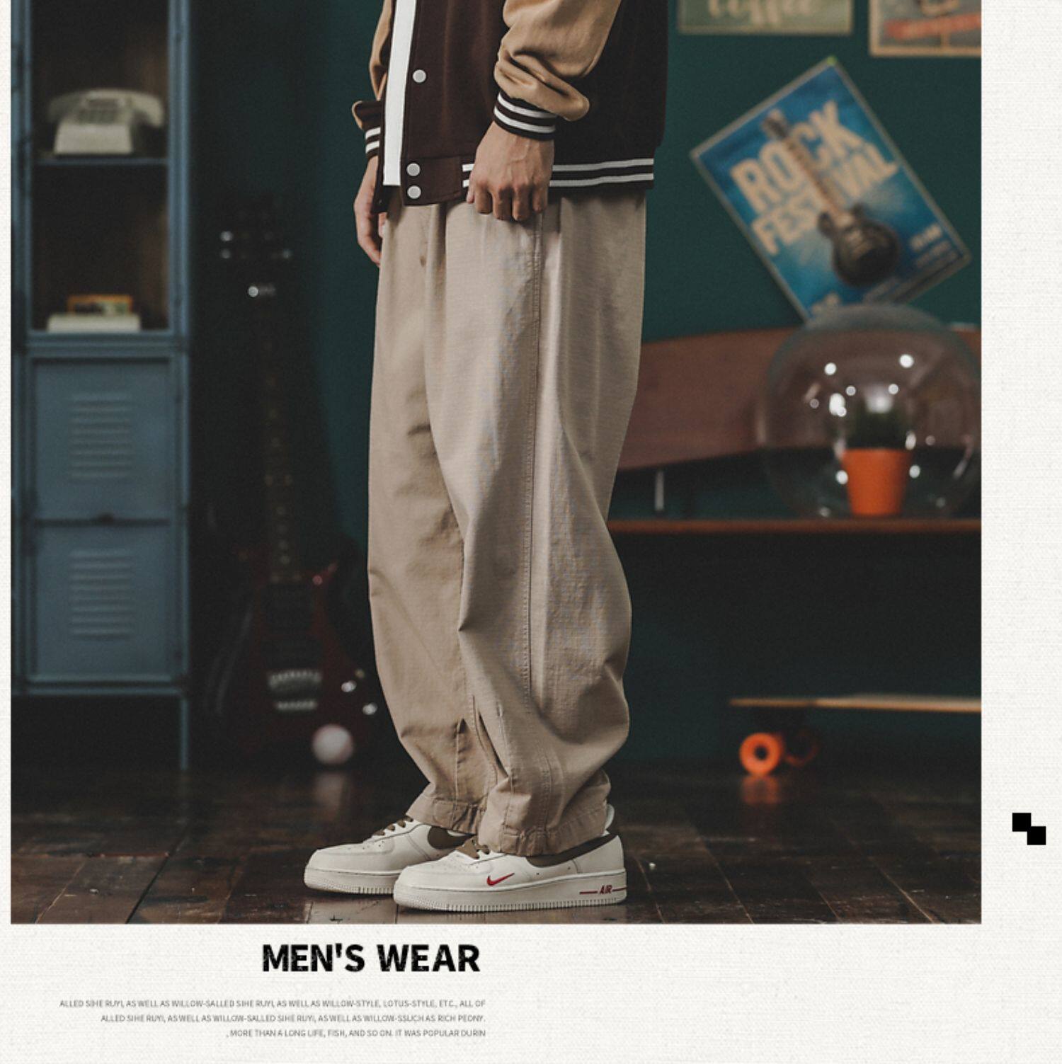 メンズワイドパンツ ゆったりシルエット綿麻ストレートスラックス