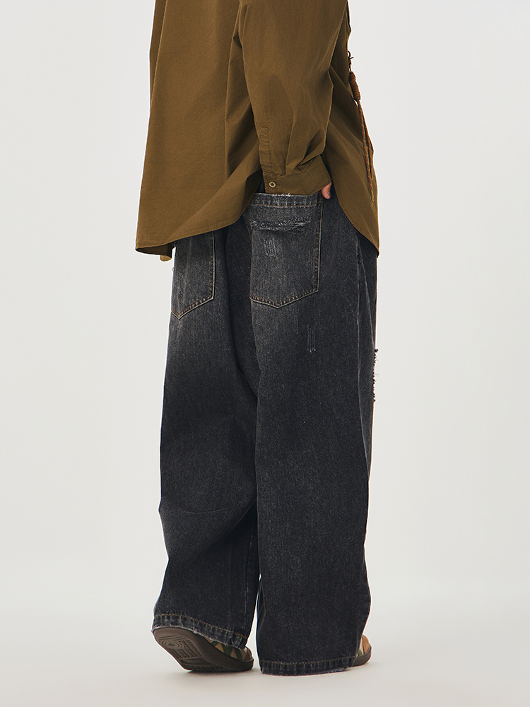 ワイドパンツ メンズ レトロ加工ダメージ ワイドデニムパンツ