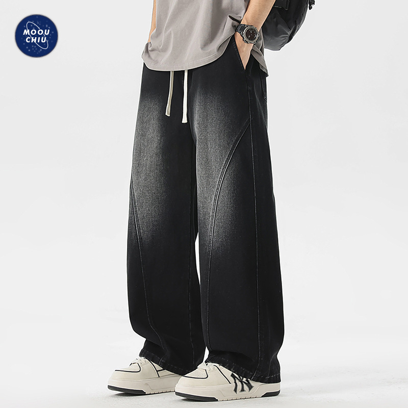 ワイドパンツ メンズ デザイン切替ワイドデニムパンツ