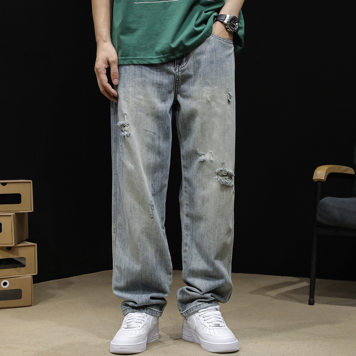ワイドパンツ メンズ メンズダメージ加工ワイドジーンズ