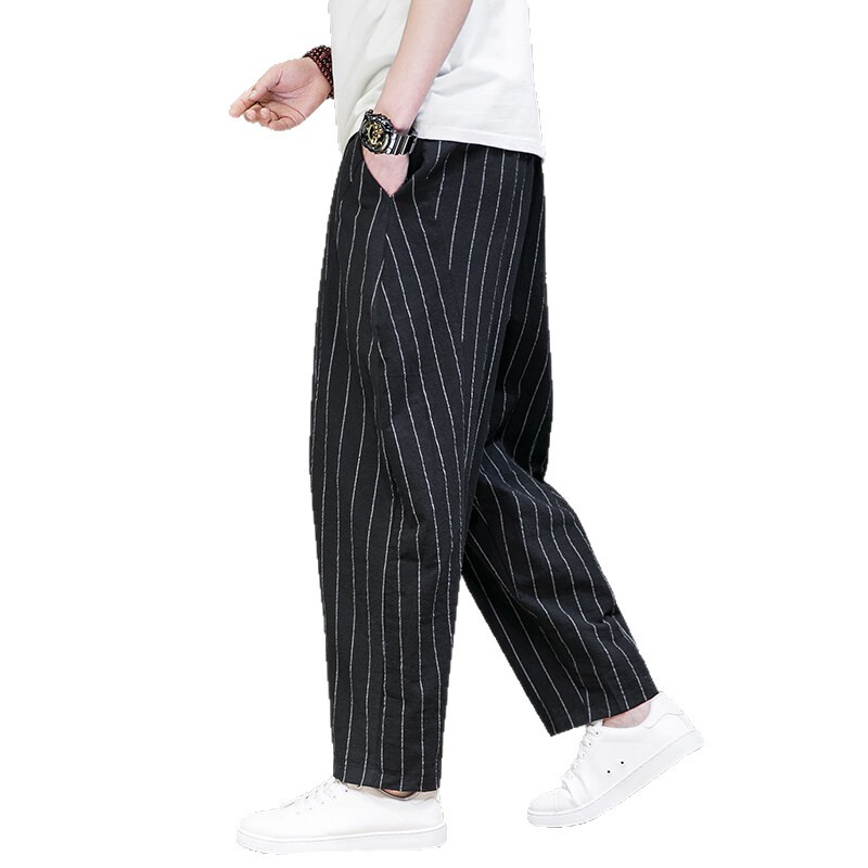ワイドパンツ メンズ 縦ストライプワイドパンツ薄手透気性ゆったり直筒九分丈