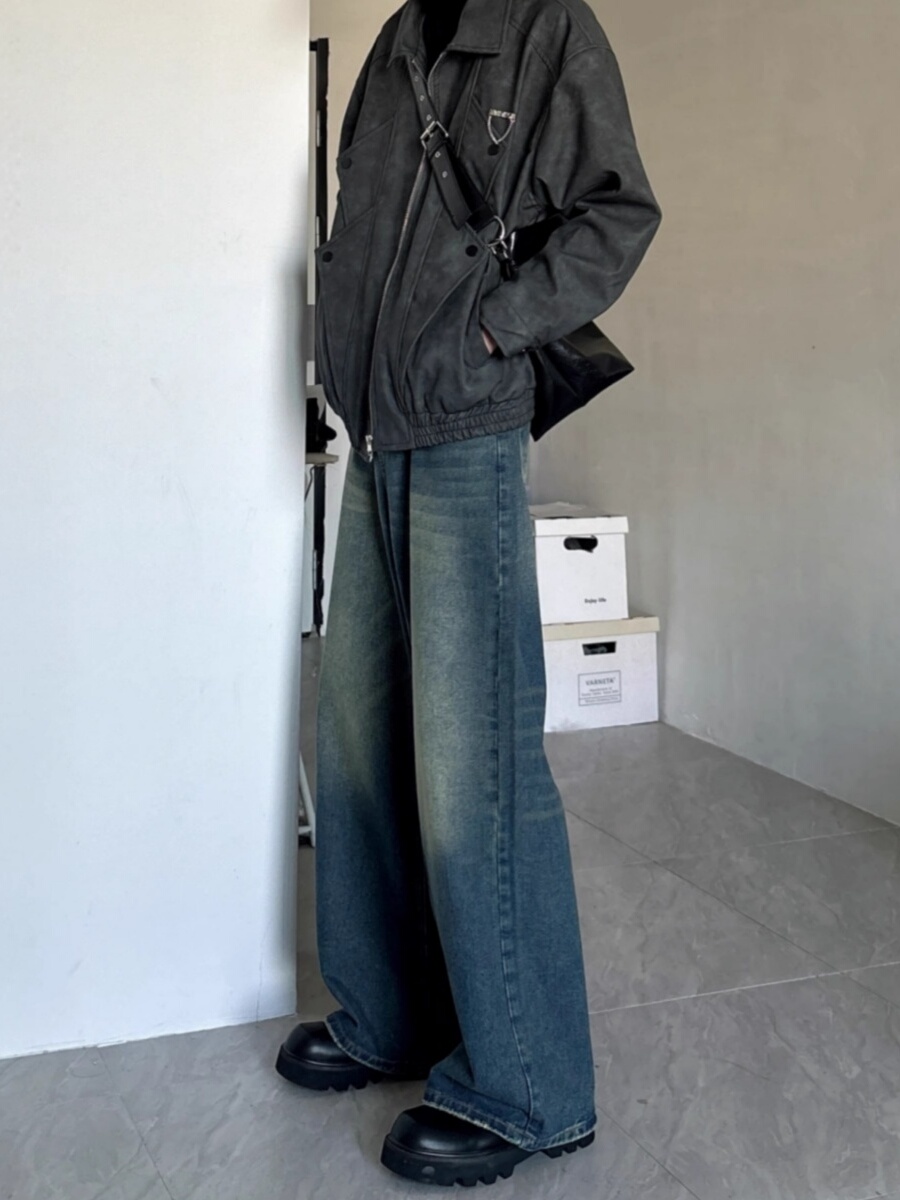 ワイドパンツ メンズ ヴィンテージ加工ワイドデニムパンツ