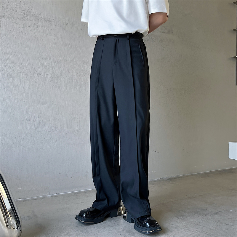 メンズワイドパンツ センタープレス入りゆったりシルエットスーツ地パンツ