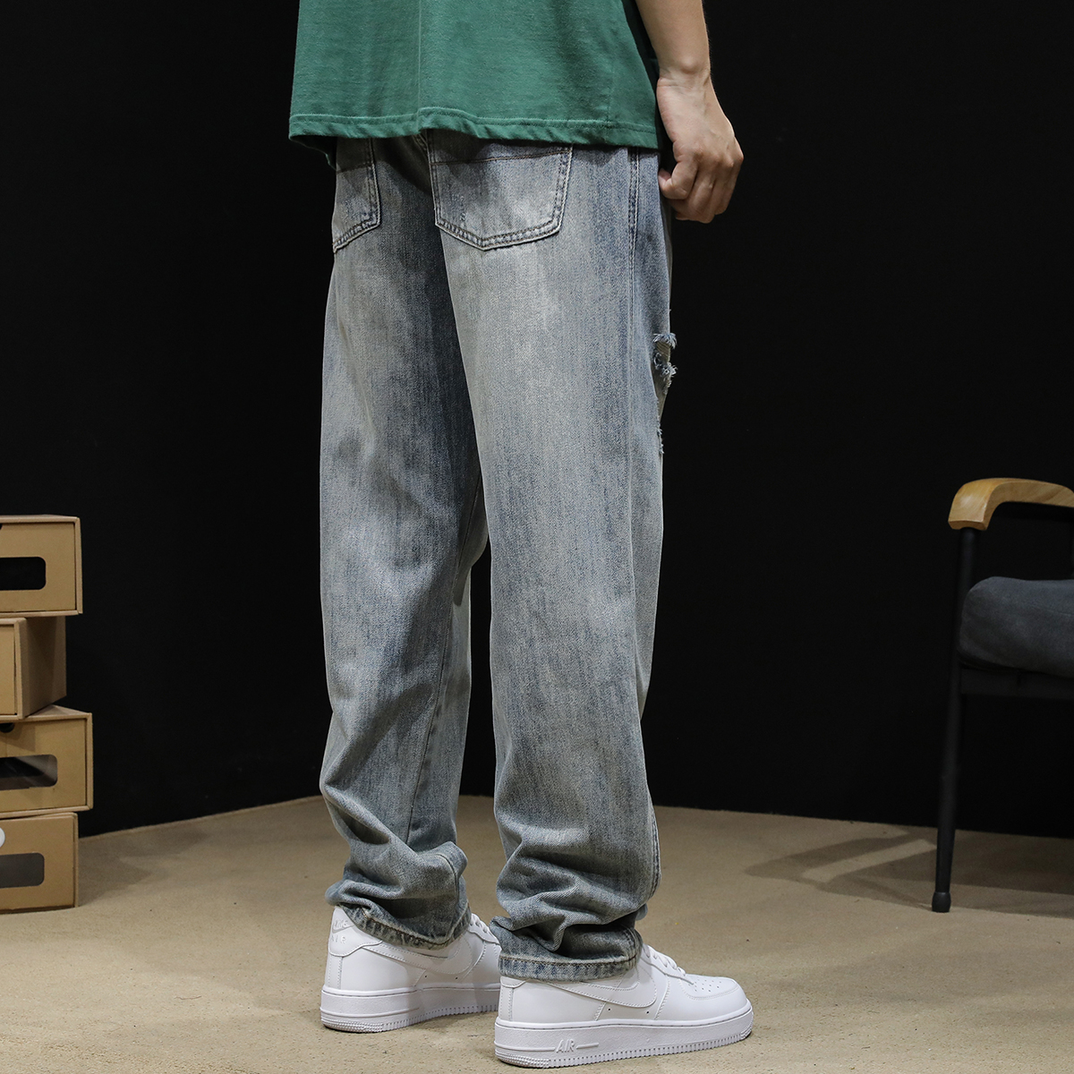 ワイドパンツ メンズ メンズダメージ加工ワイドジーンズ