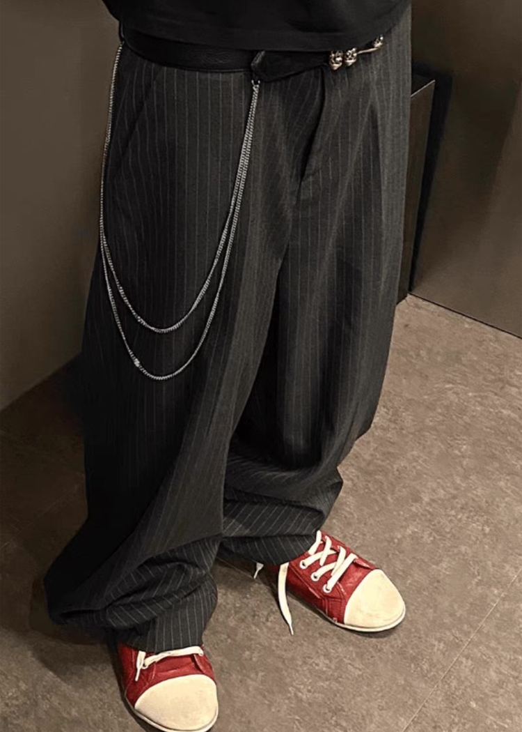 ワイドパンツ メンズ ストライプ柄チェーン付きワイドスラックス