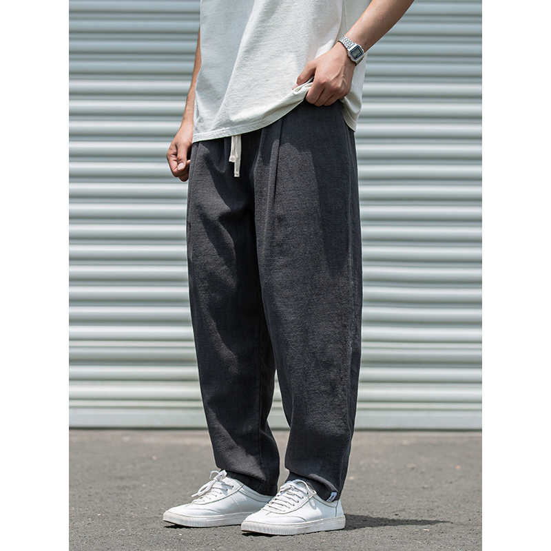 ワイドパンツ メンズ リネンコットン混紡ワイドパンツ ドローコード付き