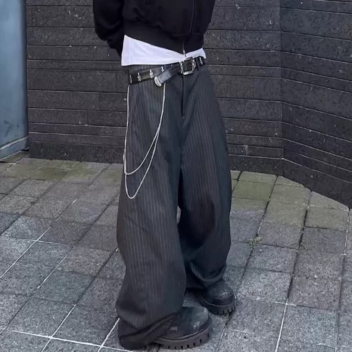 ワイドパンツ メンズ ストライプ柄チェーン付きワイドスラックス