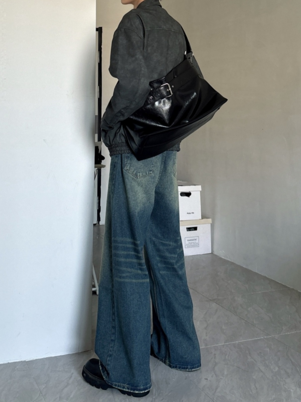 ワイドパンツ メンズ ヴィンテージ加工ワイドデニムパンツ