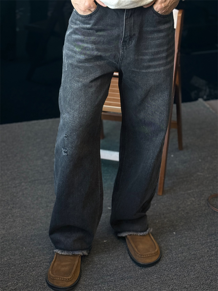 ワイドパンツ メンズ レトロ風ダメージ加工ワイドジーンズ