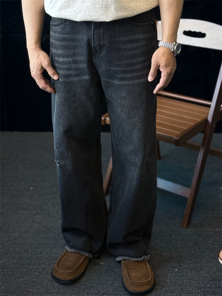 ワイドパンツ メンズ レトロ風ダメージ加工ワイドジーンズ