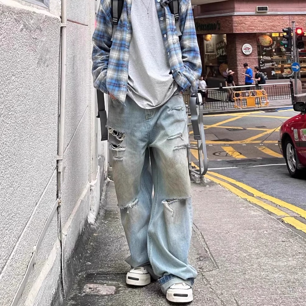 ワイドパンツ メンズ ヴィンテージ加工ダメージワイドデニム