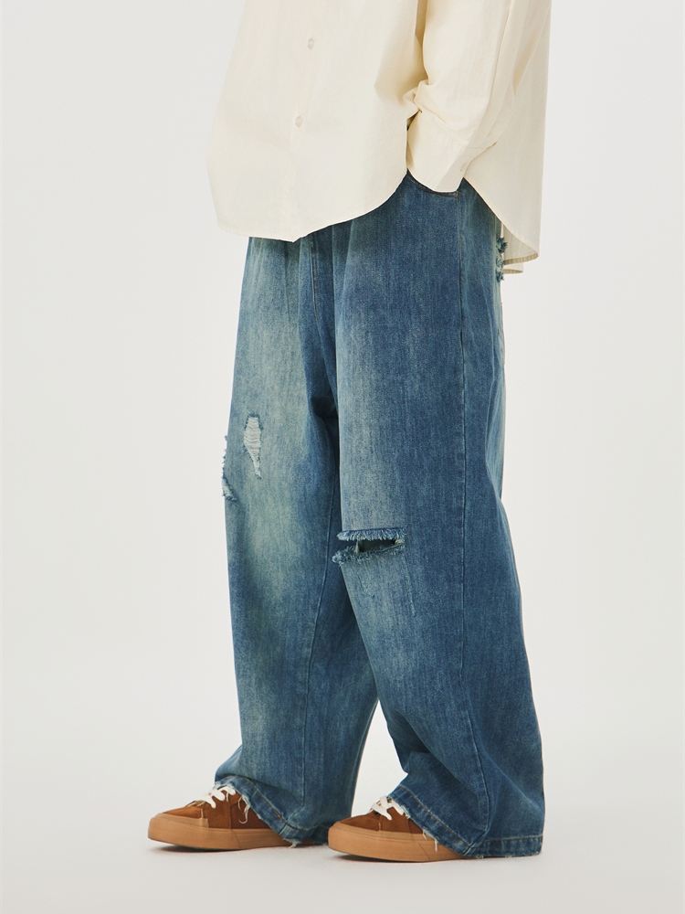 ワイドパンツ メンズ レトロ風ダメージ加工ワイドジーンズ