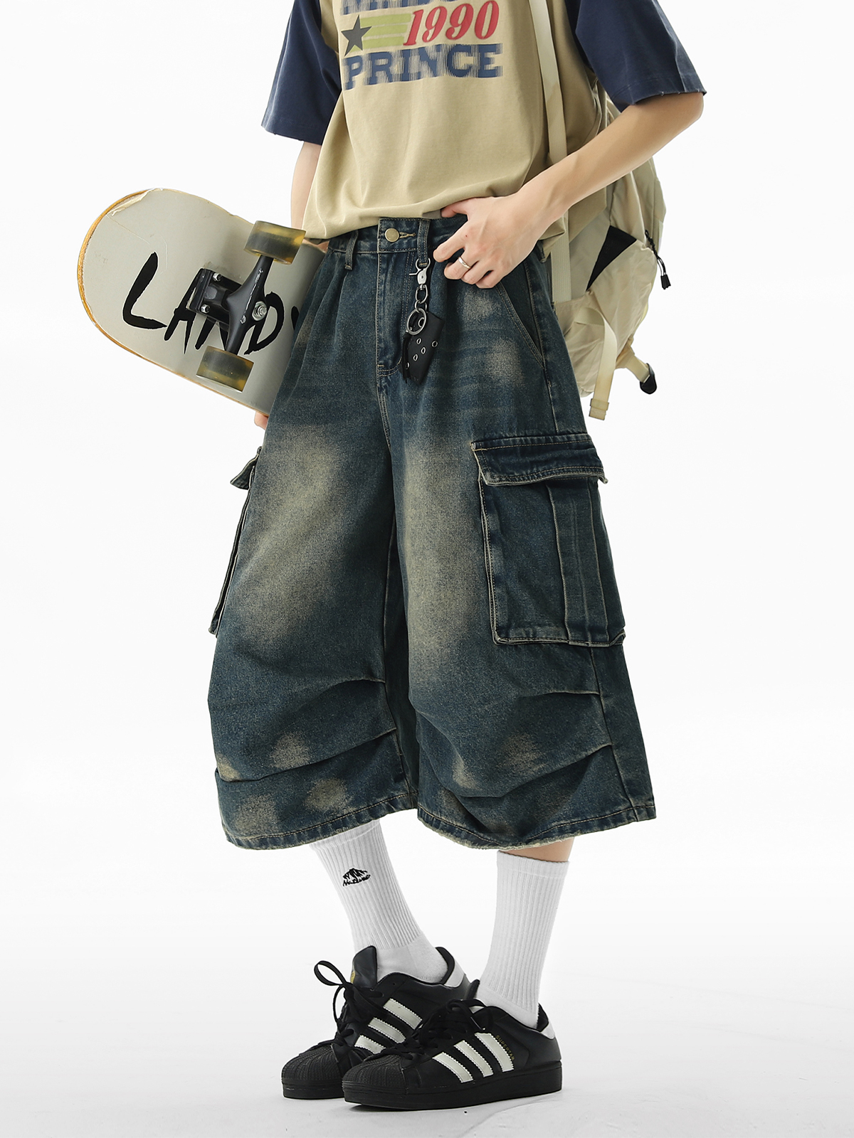 ワイドパンツ メンズ ヴィンテージ加工 七分丈カーゴジーンズ