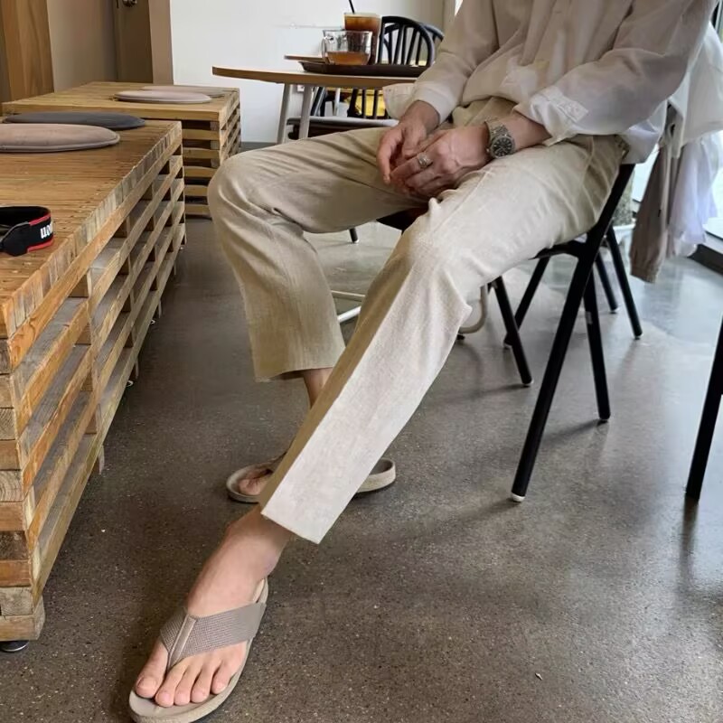 ワイドパンツ メンズ 麻素材ゆったり九分丈ワイドパンツメンズ