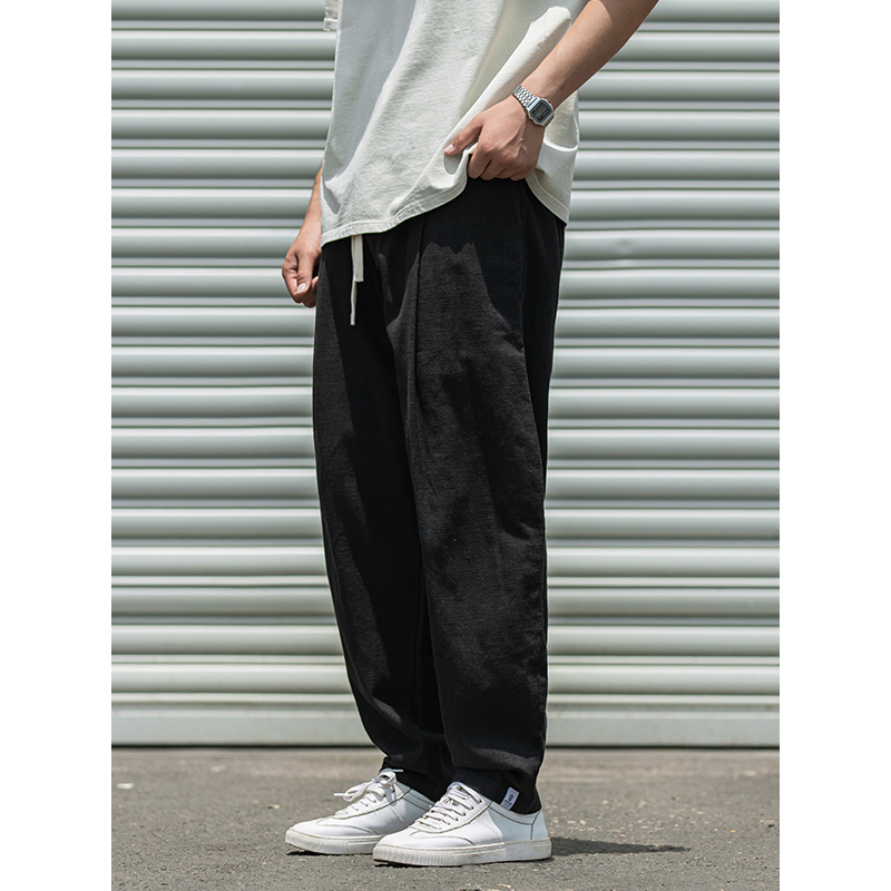 ワイドパンツ メンズ リネンコットン混紡ワイドパンツ ドローコード付き