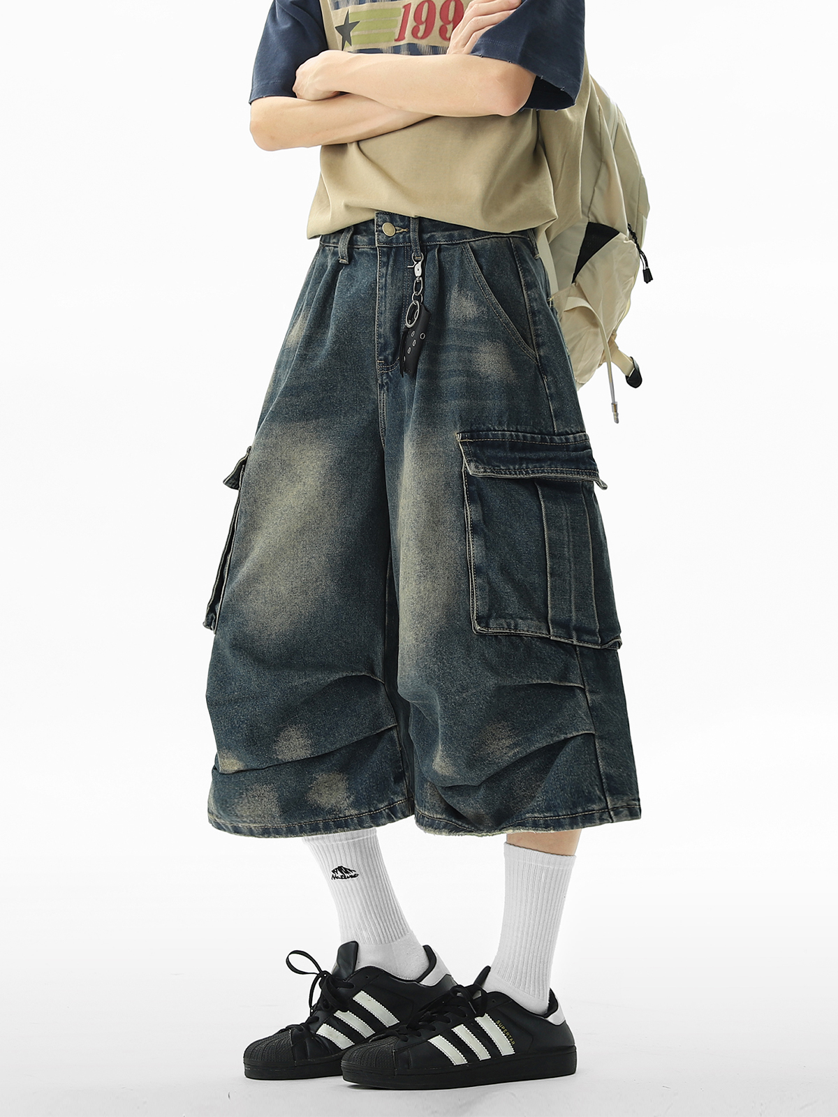 ワイドパンツ メンズ ヴィンテージ加工 七分丈カーゴジーンズ