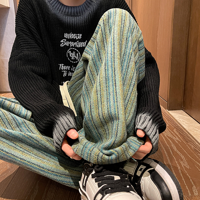 ワイドパンツ メンズ ヘリンボーン柄ウール混ワイドパンツ