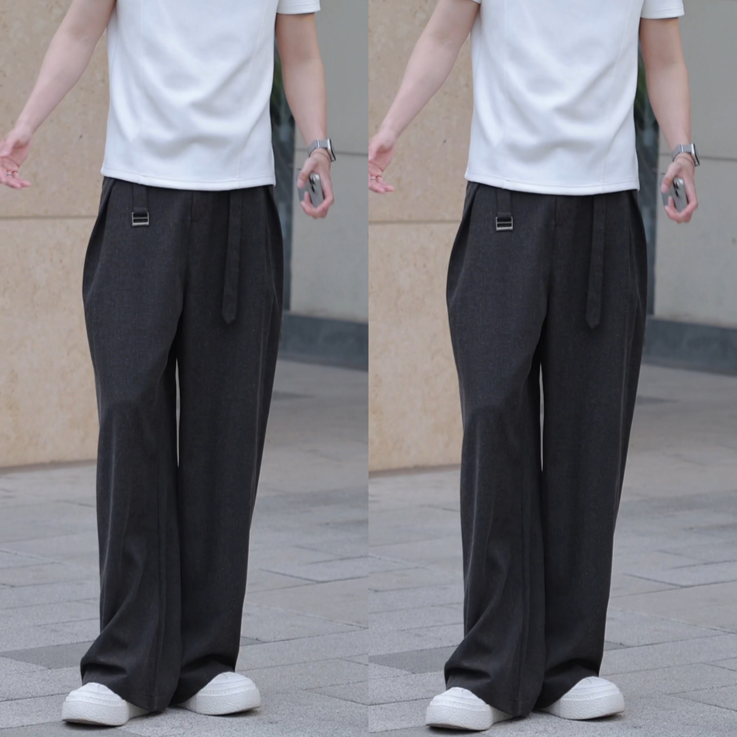 ワイドパンツ メンズ レトロ風ベルトデザインワイドパンツ