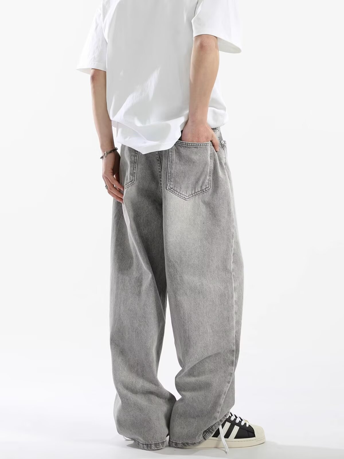 ワイドパンツ メンズ レトロ加工ワイドデニムパンツ
