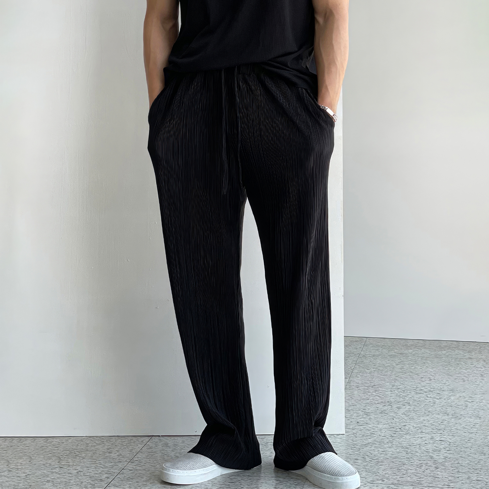 ワイドパンツ メンズ プリーツ加工ドロストワイドパンツ