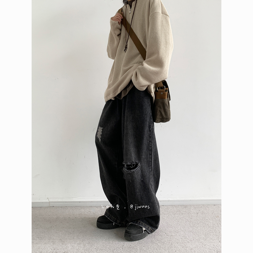 ワイドパンツ メンズ レトロ風ダメージ加工ワイドジーンズ