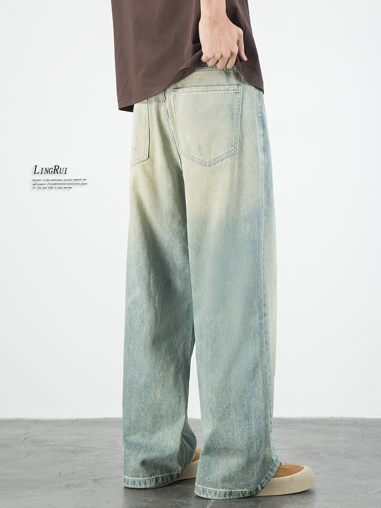ワイドパンツ メンズ ヴィンテージ加工ワイドデニムパンツ