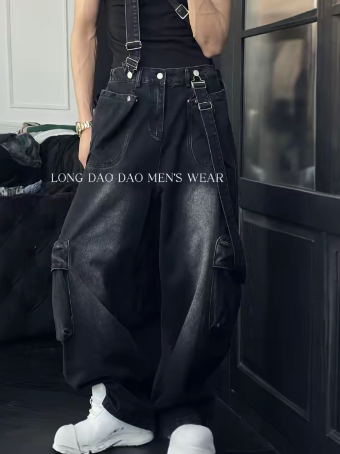 ワイドパンツ メンズ ヴィンテージ加工サロペットデニム