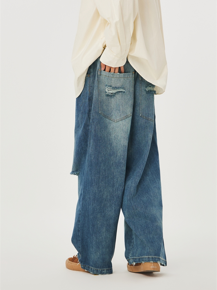 ワイドパンツ メンズ レトロ風ダメージ加工ワイドジーンズ