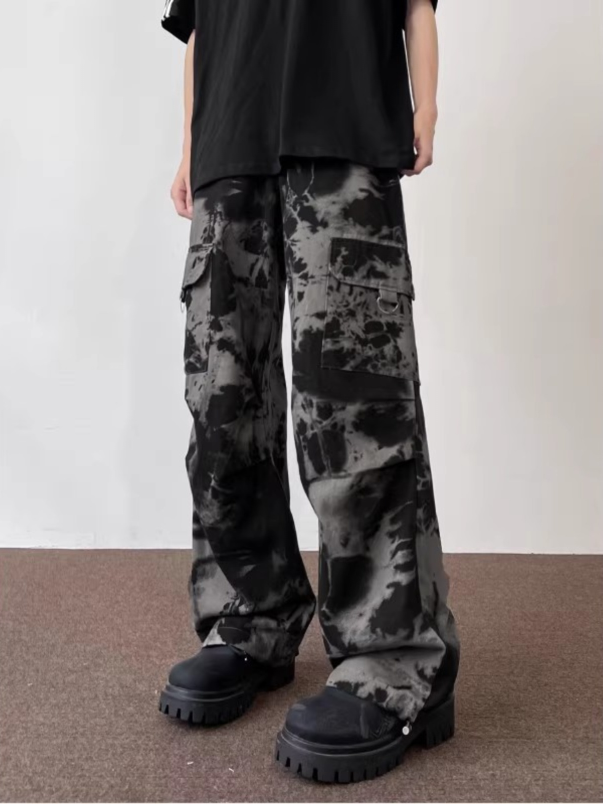 ワイドパンツ メンズ タイダイ柄ミリタリーカーゴワイドパンツ