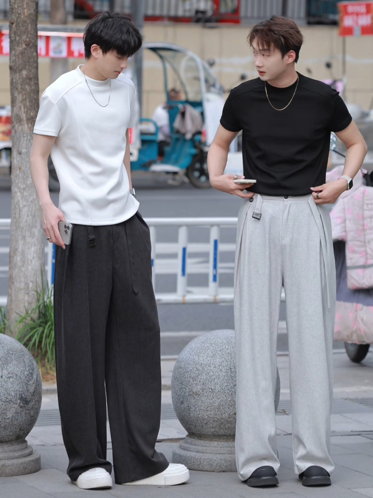 ワイドパンツ メンズ レトロ風ベルトデザインワイドパンツ