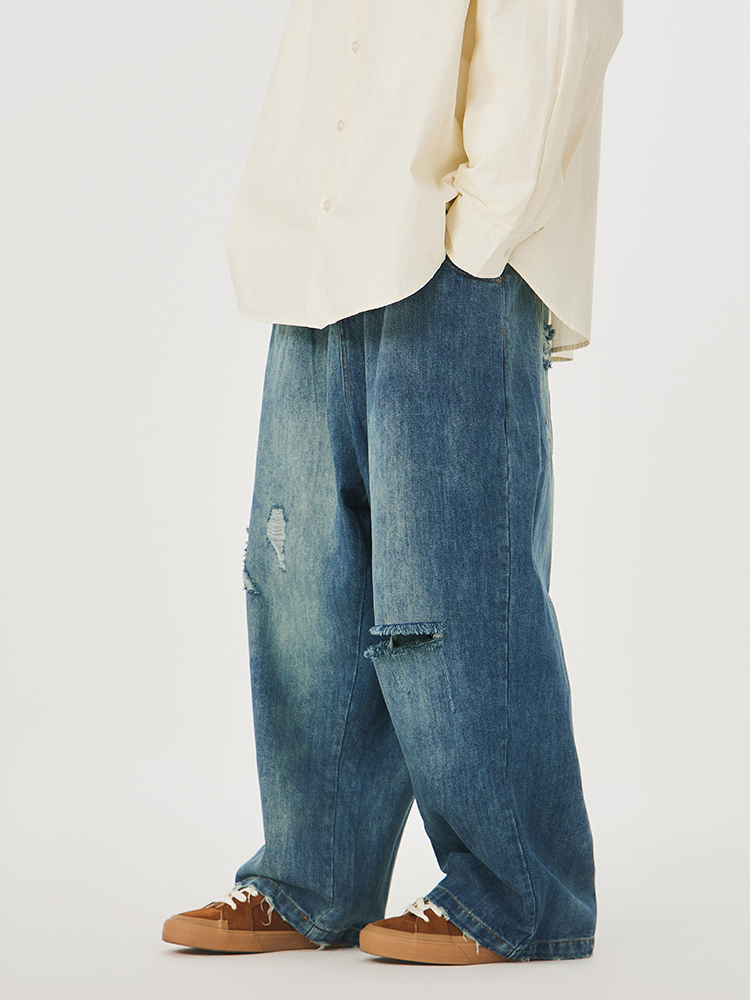 ワイドパンツ メンズ レトロ加工ダメージ ワイドデニムパンツ
