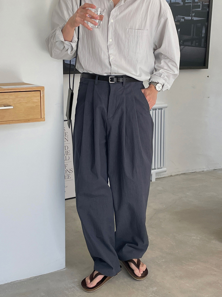 麻混ダブルタック ワイドパンツ メンズ