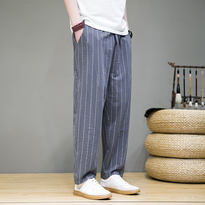 ワイドパンツ メンズ 縦ストライプワイドパンツ薄手透気性ゆったり直筒九分丈