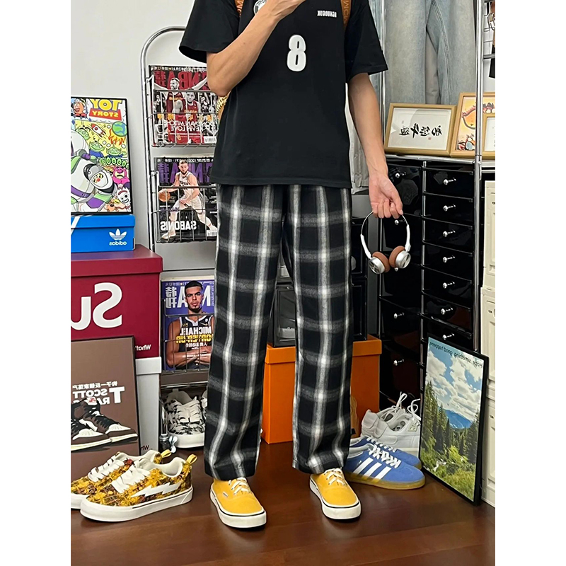 ワイドパンツ メンズ チェック柄ワイドパンツ ストレート