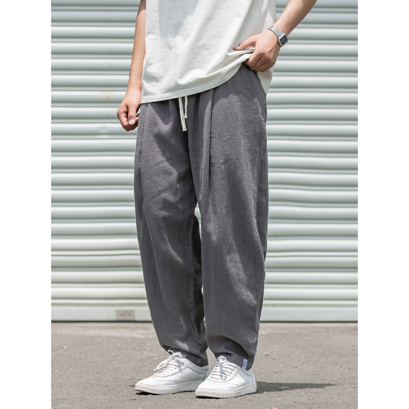 ワイドパンツ メンズ リネンコットン混紡ワイドパンツ ドローコード付き