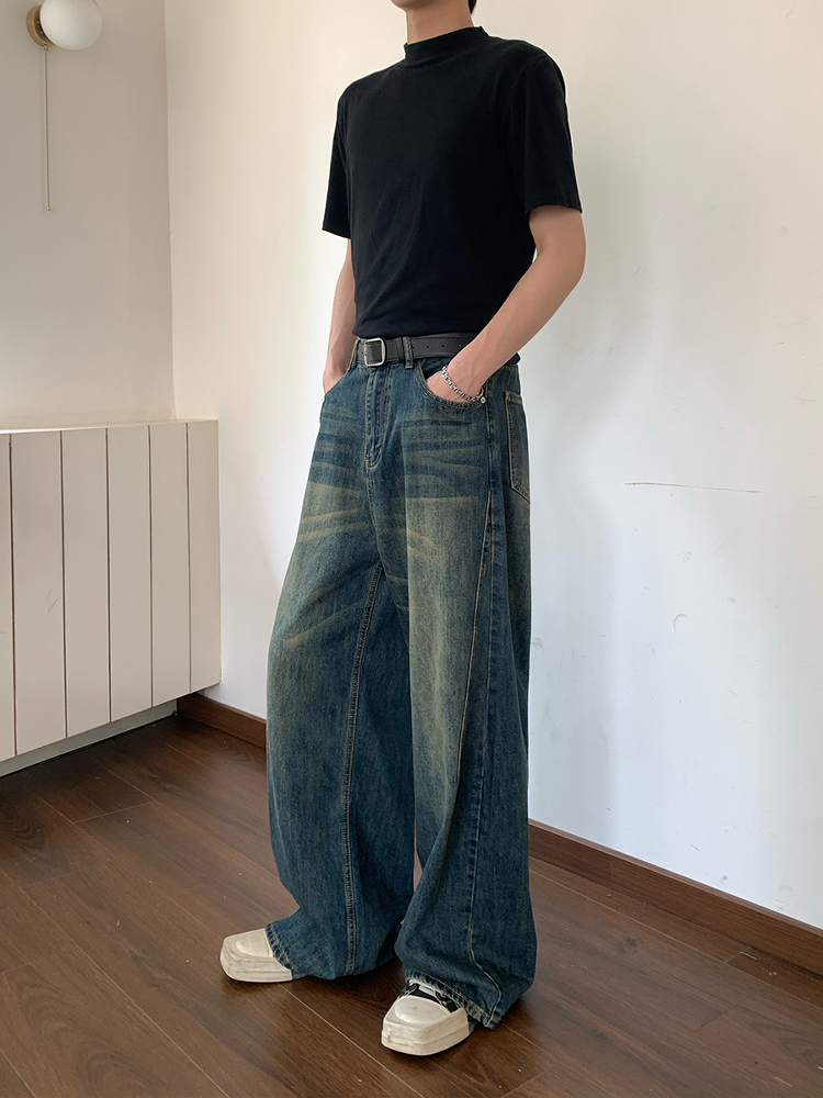 ワイドパンツ メンズ ビンテージ加工ゆったりワイドジーンズ