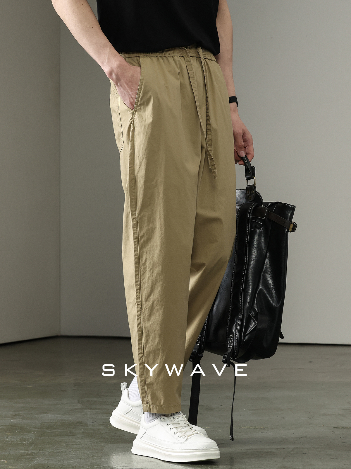 ワイドパンツ メンズ ゆったりシルエット綿混紐付きワイドパンツ