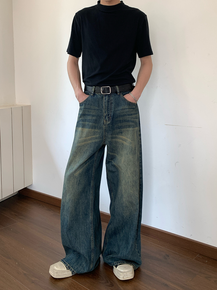 ワイドパンツ メンズ ビンテージ加工ゆったりワイドジーンズ