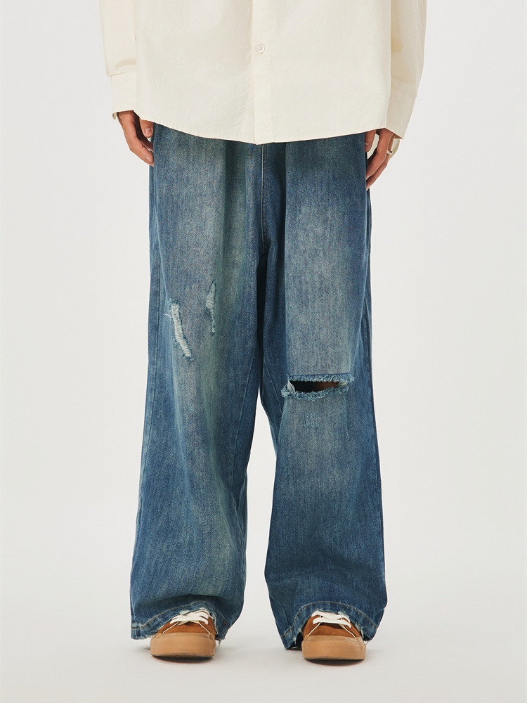 ワイドパンツ メンズ レトロ風ダメージ加工ワイドジーンズ