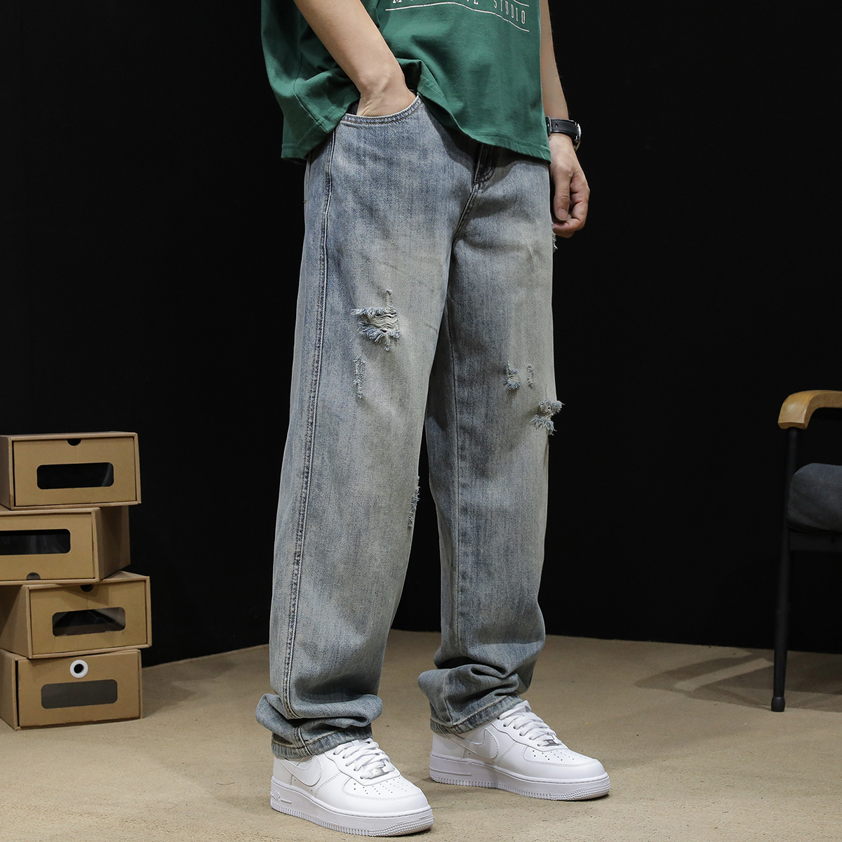 ワイドパンツ メンズ メンズダメージ加工ワイドジーンズ