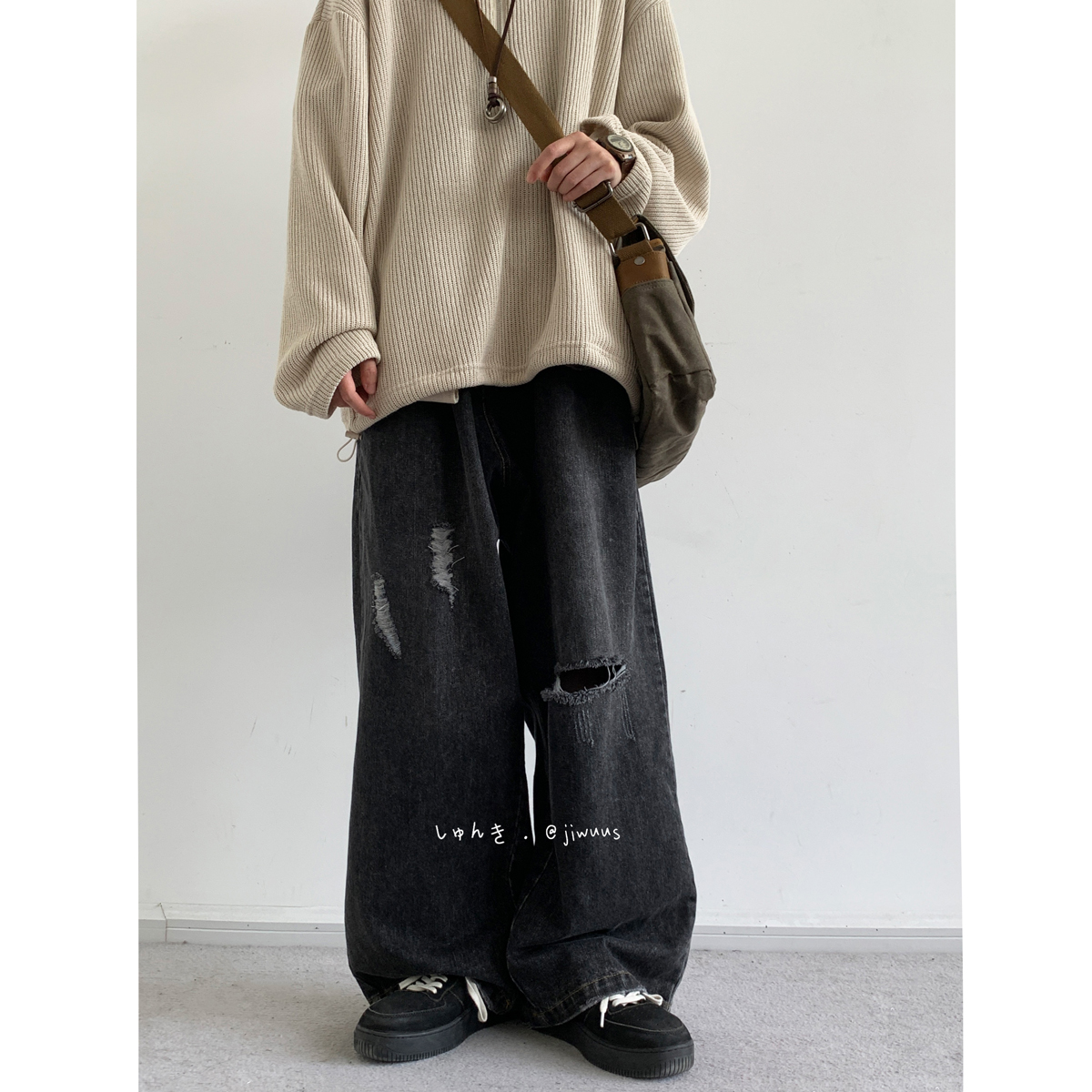 ワイドパンツ メンズ レトロ風ダメージ加工ワイドジーンズ
