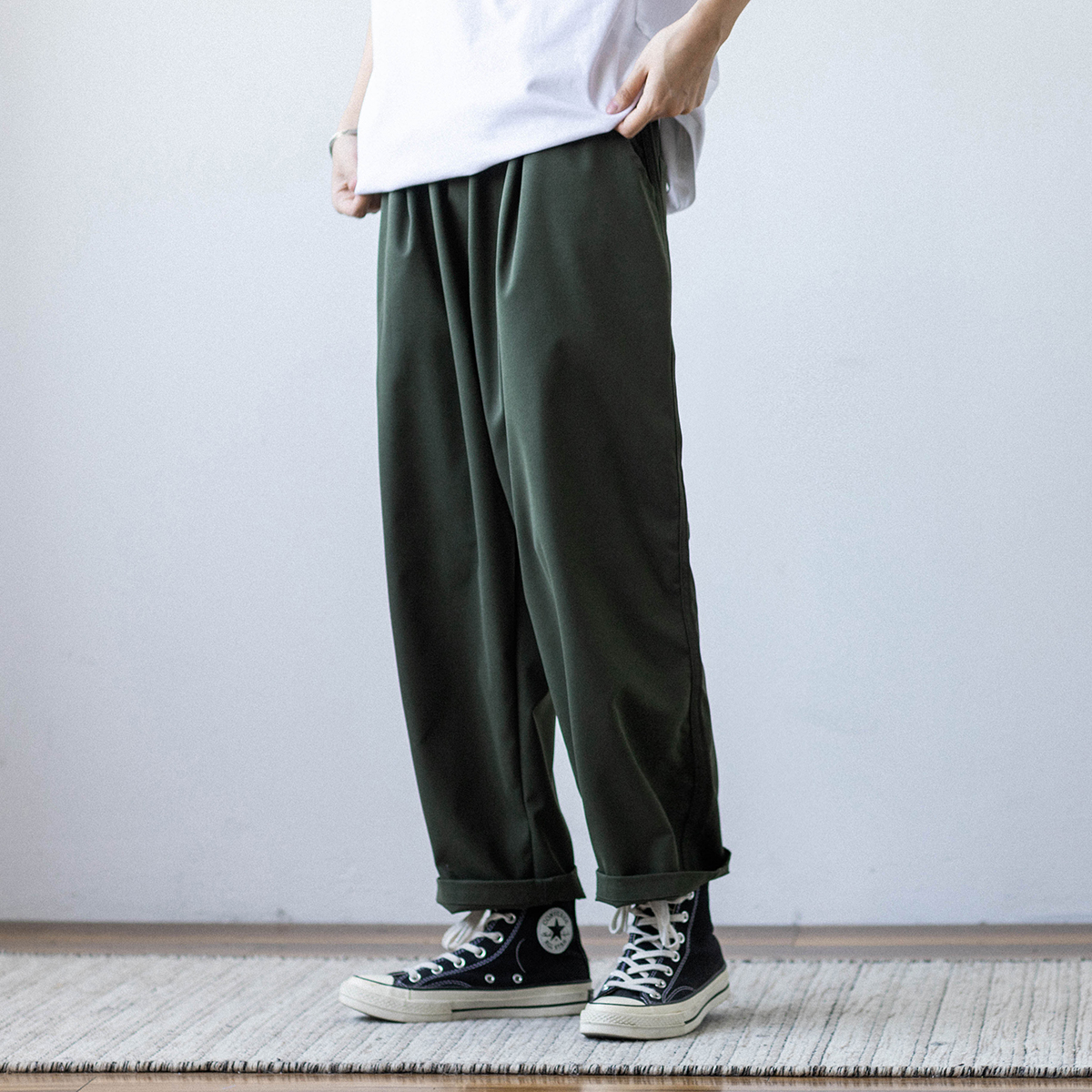 ワイドパンツ メンズ 薄手ストレート九分丈ワイドパンツ