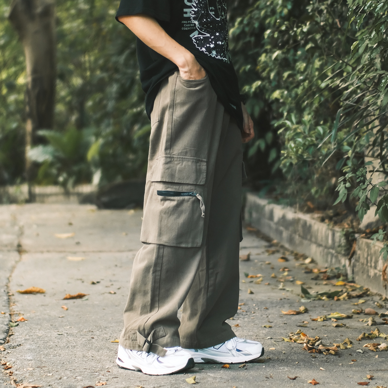 メンズワイドパンツ 多機能ポケット付きゆったりシルエット作業系パンツ